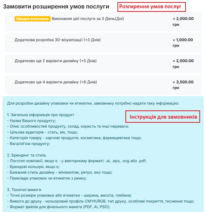 Приклад заповненої другої частини форми на розміщення послуги в "Магазині фріланс послуг":